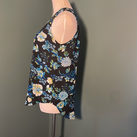 Violet and Claire shell top, cobalt, blue and yellow floral print on black. - Picture 2 of 6